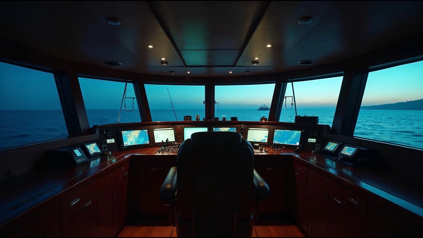 The darkened bridge of a large yacht at dusk, with navigation screens glowing and the open sea ahead