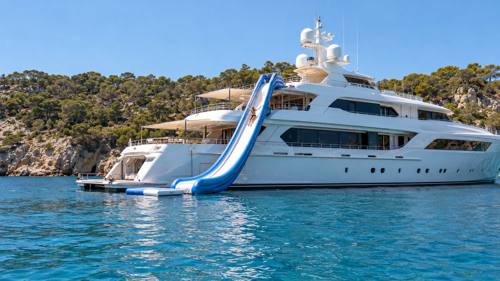 AI-generated illustration: a superyacht at anchor in a turquoise bay with a blue and white inflatable slide from the upper deck into the water